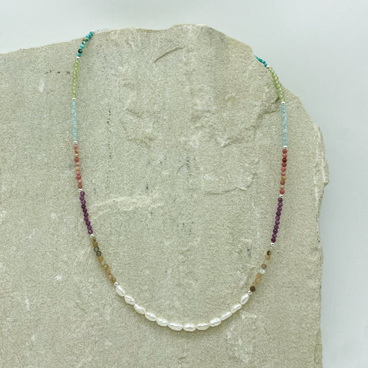 Dilkara Necklace - Gemstone + Fresh water pearl beads